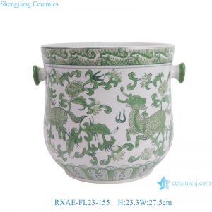 RXAE-FL23-155 Green and White Porcelain Kylin and flower pattern Ceramic Champange Beer Ice Basket Flower Vase