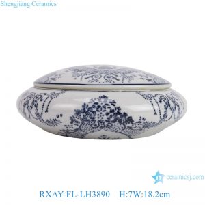 RXAY-FL-LH3890 Blue and white flower leaf patterned flat belly shape Ceramic pot Tea Canister
