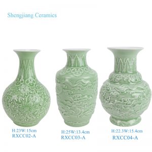 RXCC02-A/RXCC03-A/RXCC04-A Green Color Glazed Carved Ceramic Decorative Tabletop Flower Vase