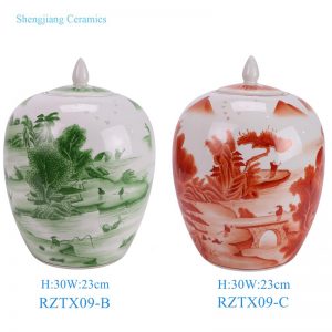 RZTX09-B/RZTX09-C Green, Red Landscape Pattern Winter Melon Porcelain Lidded Ginger Jars