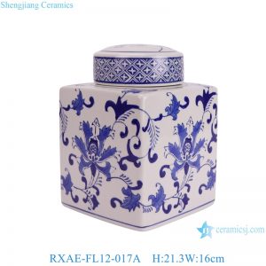 RXAE-FL12-017A Square shape blue and white porcelain Ceramic flat Jars tea canister candy pot