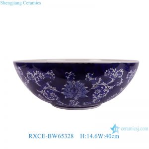 RXCE-BW65328 Blue Ground Interlocking Lotus Pattern Ceramic Big Bowl Flower Pot Planter