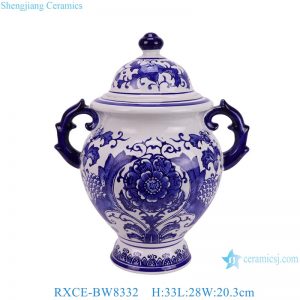 RXCE-BW8332 Blue and White Flower Pattern Double Ears Lidded Jar for home decoration