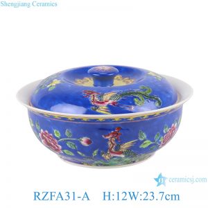 RZFA31-A-b-c-d Jingdezhen Phoenix Flower and Bird Pattern Pastel Color Yellow Blue Green Ceramic Soup Bowl