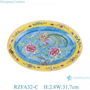 RZFA32-A-B-C-D 12 inch Ceramic Fish Plate Pastel Pink Deep Blue yellow Glazed colorful Phoenix Flower and Bird Pattern