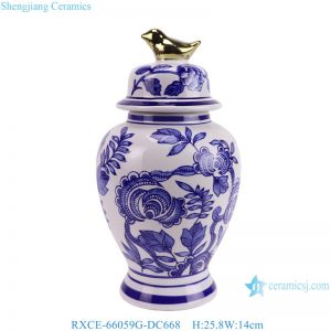 RXCE-66059G-DC668 Blue and White Flower Leaf Pattern Gold Bird Knob Porcelain Temple Jar for home decoration