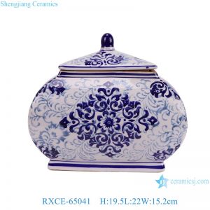 RXCE-65041 blue and white flower pattern square flat belly shape lidded jar