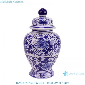 RXCE-67633-DC34 Blue and White Flower Leaf Pattern Porcelain Temple Jar for home decoration