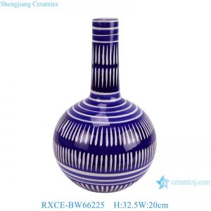 RXCE-BW66225 Blue and White Stripe Pattern Globular Shape Ceramic Flower vase for Home Decoration