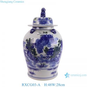 RXCG03-A  Hand-Painted Blue and White Landscape Pattern 19inch Porcelain Temple Jar for home decoration