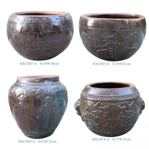 RXCH07-A&B-09-14-A  Retro Vintage Terracotta Carving Pattern Round Shape Big Urn For Garden