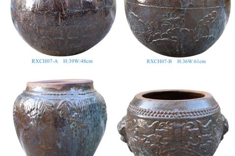 RXCH07-A&B-09-14-A  Retro Vintage Terracotta Carving Pattern Round Shape Big Urn For Garden