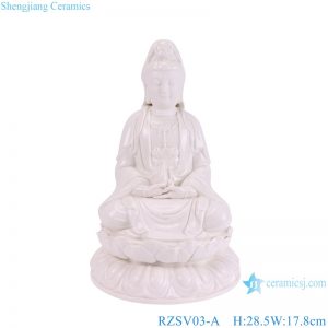 RZSV03-A-B Antique Chinese Traditional White Ceramic Sitting Lotus Guanyin Sculpture Statues