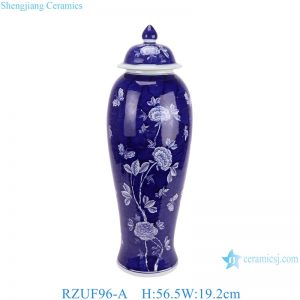 RZUF96-A Dark Blue Color glazed peony flower butterfly Pattern Porcelain temple jar Ceramic Pot