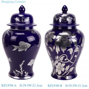 RZUF98-A-B Blue and white silver color fish algae and Peony Flower pattern Porcelain Ginger Jar