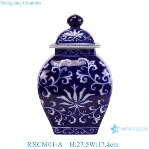 RXCM01-A Dark Blue and White flower Pattern Square shape ceramic flower vase Lidded Jar
