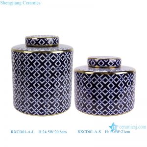 RXCD01-A-L-S Modern style Round straight tube tea Canister  Blue and White geometric Lines gold-trim ceramic pot