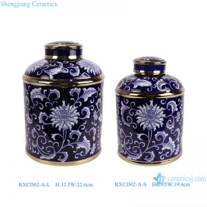 RXCD02-A-L-S Gold-trim Round traight tube Ceramic tea Canister Blue and White Leaf and Flower pattern Tea Pot