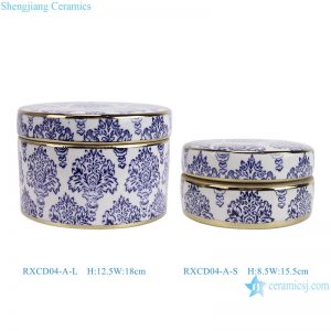 RXCD04-A-L-S Modern style Blue and white Floral pattern Gold Trim round Shape ceramic jar candy box