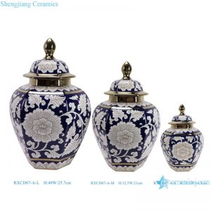 RXCD07-A-L-M-S Blue and white Peony Flower pattern gold-trim hexagonal shape Porcelain Ginger jar Vase