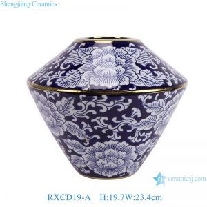 RXCD19-A Modern style Blue and white Peony flower pattern Gold Trim Irregular ceramic flower vase