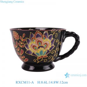 RXCM11-A 6-inch coffee cup Black background painted flower and leaf pattern