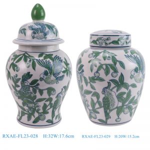 RXAE-FL23-028/RXAE-FL23-029 Green Color Parrot and leaf pattern Ceramic lidded Jar Flower vase