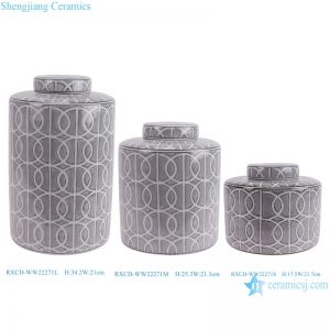 RXCD-WW22271S-L-M  Grey color white circular pattern  straight tube Ceramic tea can canister 3 sizes