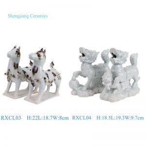 RXCL03/RXCL04 A pair of blue glazed carved Kylin Animal Unicorn Pair Horse Ceramic statue