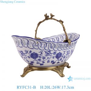 RYFC31-A/RYFC31-B Blue and white Lotus flower pattern  Copper hollow Ceramic fruit plate and fruit basket