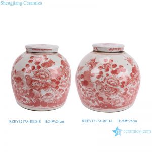 RZEY1217A-RED-S-L Jingdezhen Handpainted Red flower and Bird Pattern Ceramic Jar with Lid
