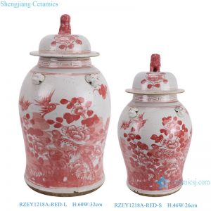 RZEY1218A-RED-S-L Red and White Handpainted Flower and Bird Lion Head General Porcelain Ginger Jar