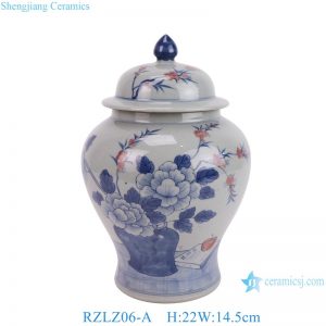 RZLZ06-A Blue and white Glazed red peony flower Pattern Ceramic Jar