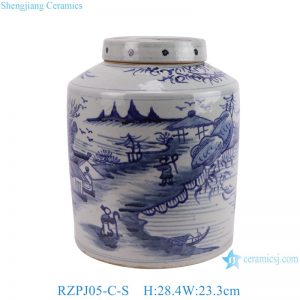 RZPJ05-C-S Jingdezhen Blue and white Handpainted figure landscape Ceramic straight tube flat Lidded Jar