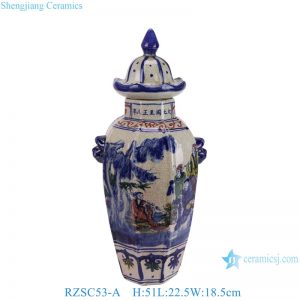RZSC53-A Antique Blue and white colorful open film with eight immortal characters Ancester octagonal Porcelain Jar