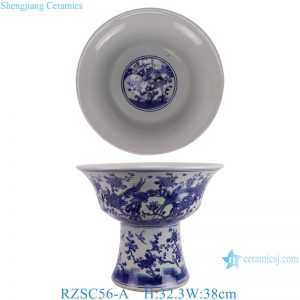RZSC56-A/RZSC56-B Blue and White Handpainted flower and bird fish and algae pattern high Leg ceramic Planter big Pot