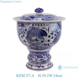RZSC57-A Jingdezhen Blue and white fish and algae patterned high foot Ceramic Jar with lid
