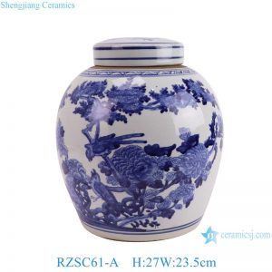 RZSC61-A Blue and white flower and bird pattern Ceramic flat lidded jar flower Vase