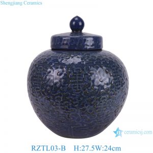 RZTL03-B Dark Blue Split carved Longevity Character Pattern Ceramic Jads with Lid