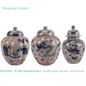 RZTL08-A/RZTL08-B/RZTL06-A  Blue and white glazed red split dragon Character Fish Pattern Ceramic Melon Shape Lidded Jar