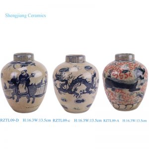 RZTL09-A/RZTL09-B/RZTL09-c/RZTL09-D  Blue and white glazed Red split Lion Fish Dragon Qilin pattern Ceramic melon flat Jar
