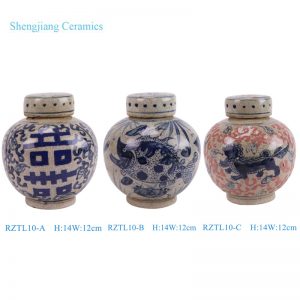 RZTL10-A/RZTL10-B/RZTL10-C Antique Blue and white glazed red split Kilin Happiness letter Fish Pattern Ceramic Small Jar