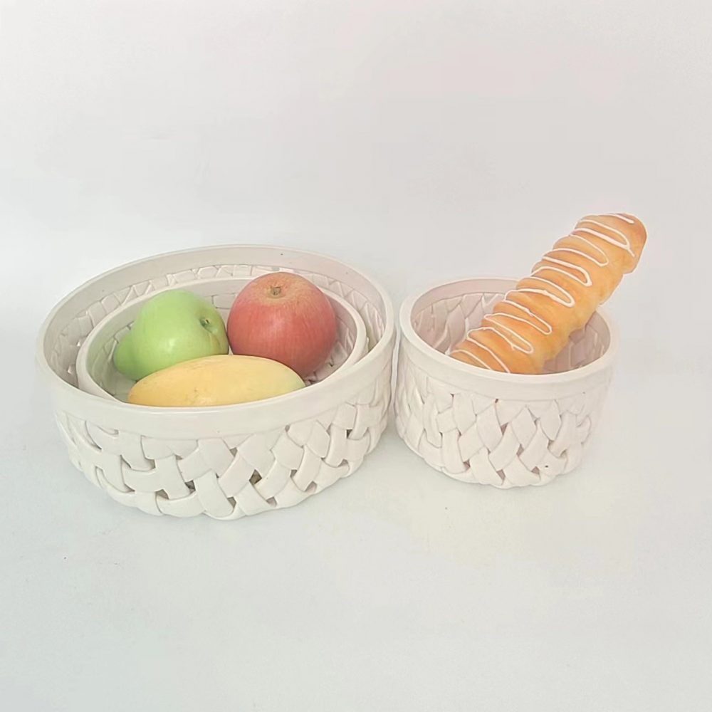 RWAA17-S-M-L ceramic woven steamer shape high quality ceramic container without baseSize (cm):8H x14.5Wx14.5L   Size (inches):3.5H x6Wx6L Size (cm):7.5H x23.5Wx23.5L   Size (inches):3H x9.5Wx9.5L Size (cm):5.5H x27Wx27L   Size (inches):2.1H x8.1Wx8.1L