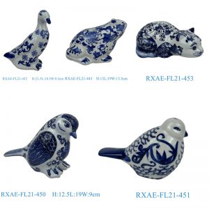 RXAE-FL21 Home decoration Blue and White Ceramic Animal Cat Bird Frog Duck Ceramic Statues