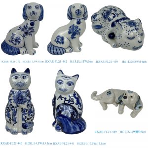 RXAE-FL21 Blue and White Ceramic Animal Cat Dog Ceramic Statues  Home decoration