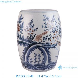 RZSX79-B High-quality hand-painted blue and red glazed ceramic stool with birds and flowers