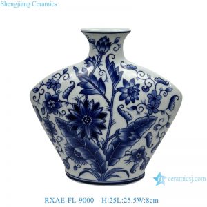RXAE-FL Creative Ceramic Flower Vase Blue and White Flower and Leaf Pattern Flat Belly Porcelain Vase