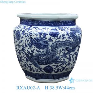 RXAU02-A Jingdezhen Blue and white hand painted dragon pattern octagonal Large size ceramic flower pot Garden Planter