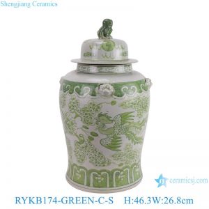RYKB174-Green-C-S Green and White Ceramic Phoenix Pattern Home Decor Ceramic Jar With Lid