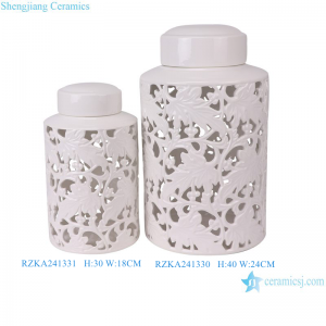 RZKA2413 Creative white metallic color hollow carved ceramic tea cans handmade porcelain jars flower vase
